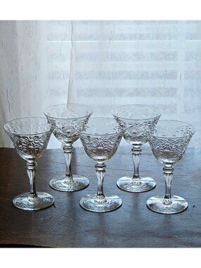 5 Vintage Tiffin Franciscan Etched Coupe Cocktail Glasses 5" Floral Daisy crysta
